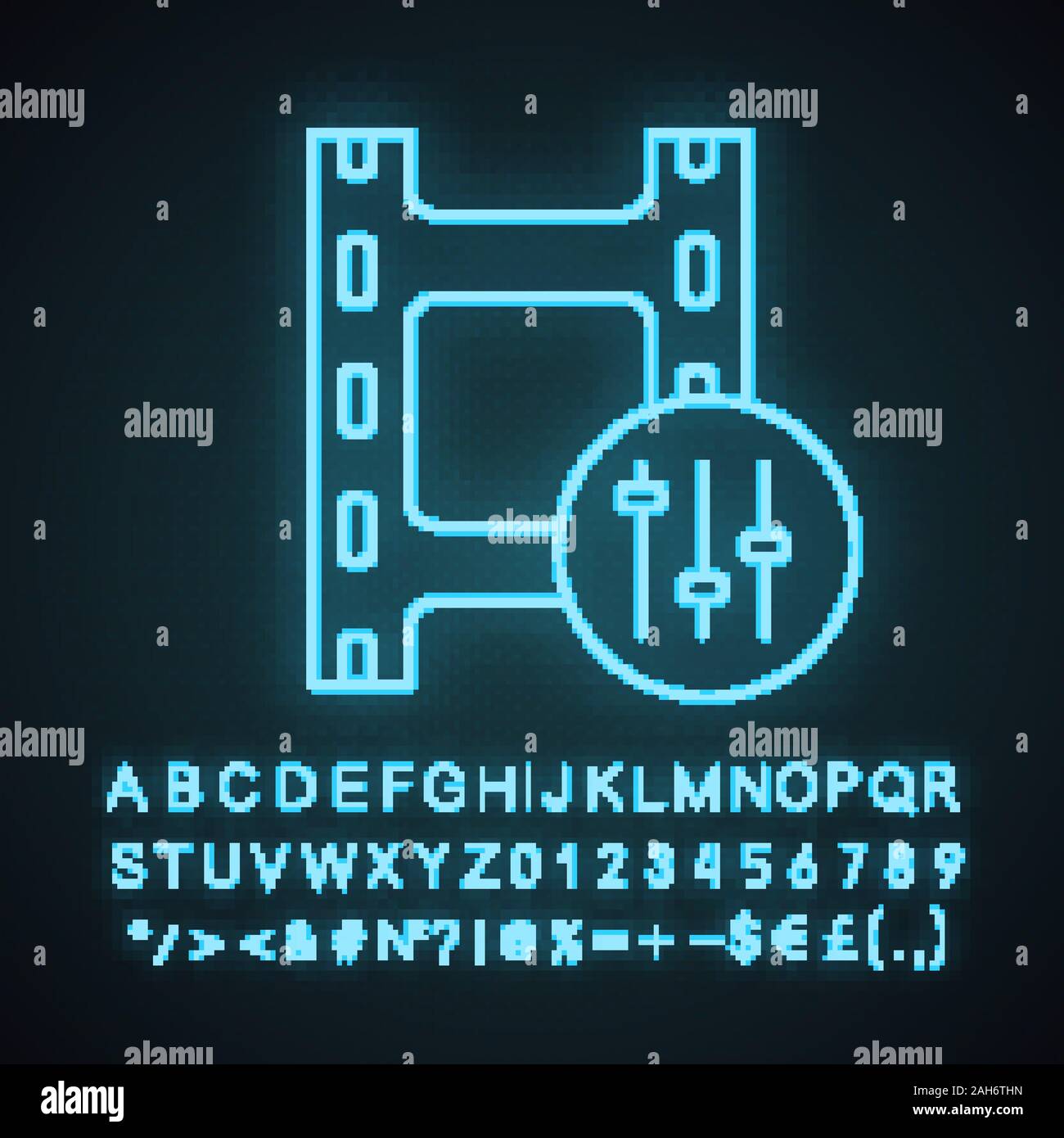 Sound Mixer Neonlicht Symbol. Audio Equalizer. Mixing Console. Stimme handeln. Film Making. Sound kombiniert. Leuchtende Zeichen mit Alphabet, Zahlen und Symb Stock Vektor