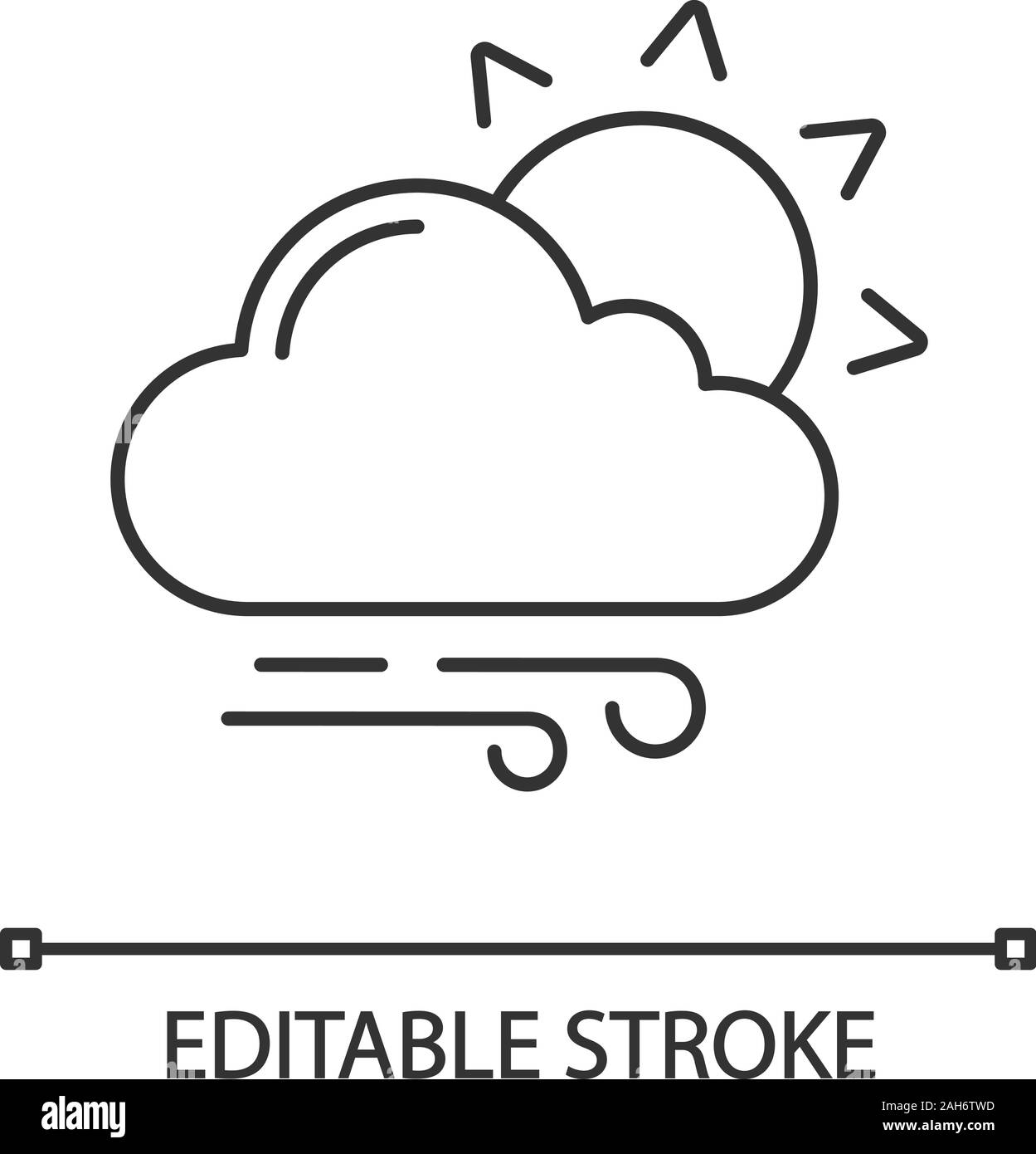 Leicht bewölkt und windig lineare Symbol. Sonne mit Wolken und Regen. Dünne Linie Abbildung. Überwiegend bewölkt. Wettervorhersage. Kontur Symbol. Vektor isolieren Stock Vektor