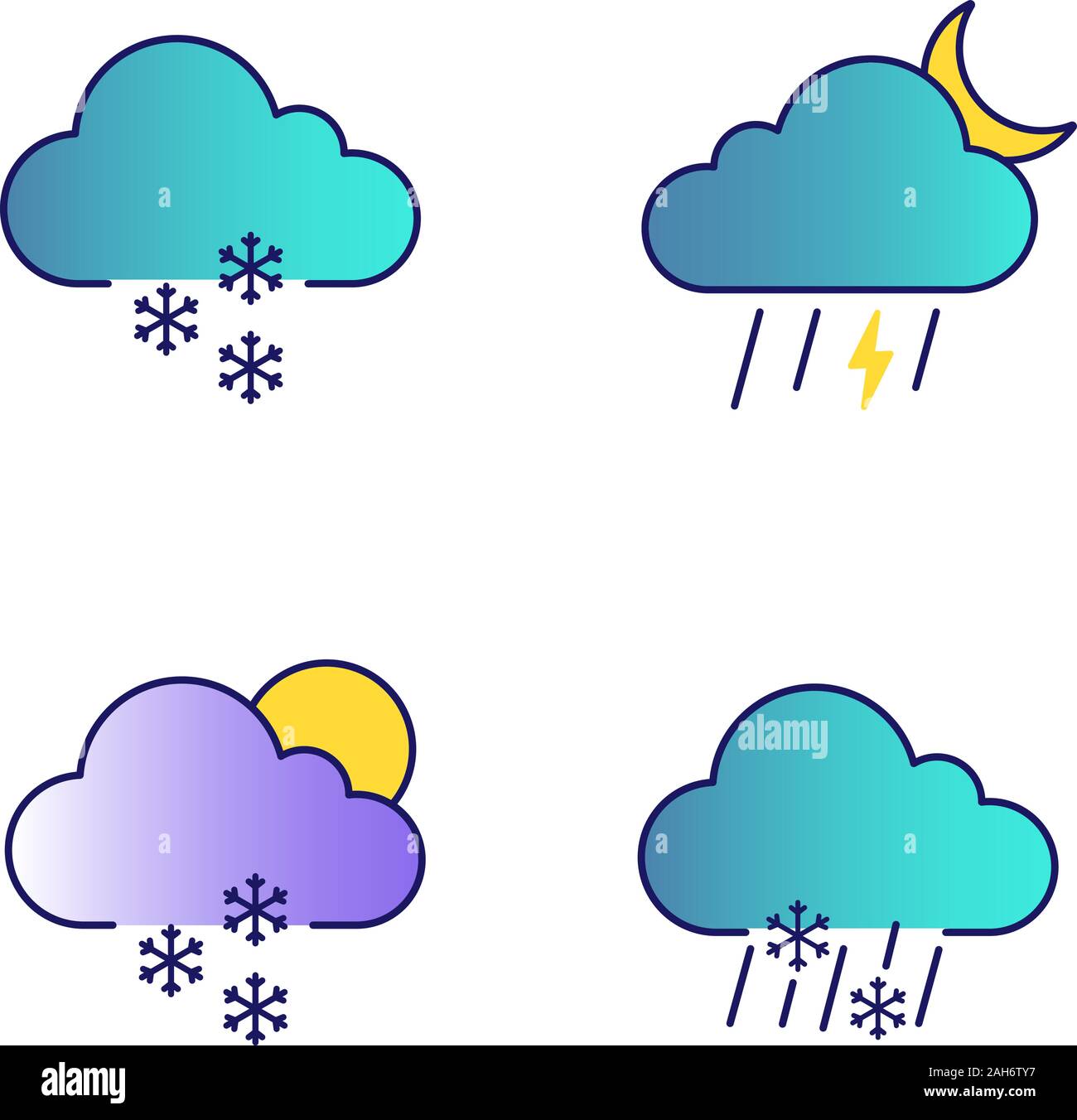 Wettervorhersage farbige Symbole gesetzt. Licht Schnee, Nacht Gewitter, vereinzelt Schnee, Graupel Wetter. Isolierte Vektorgrafiken Stock Vektor