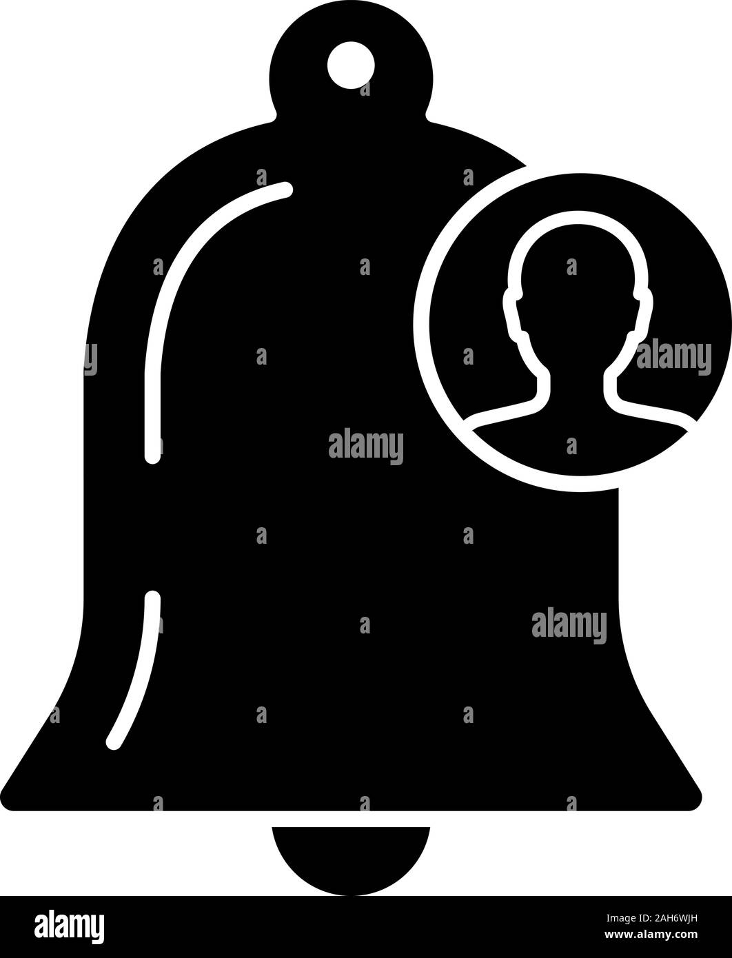 Kundenbenachrichtigung glyph Icon. Client zur Erinnerung. Sonderangebote und neue Produkte, Services Client Ankündigung. Glocke mit Benutzer anmelden. Silhouette symb Stock Vektor