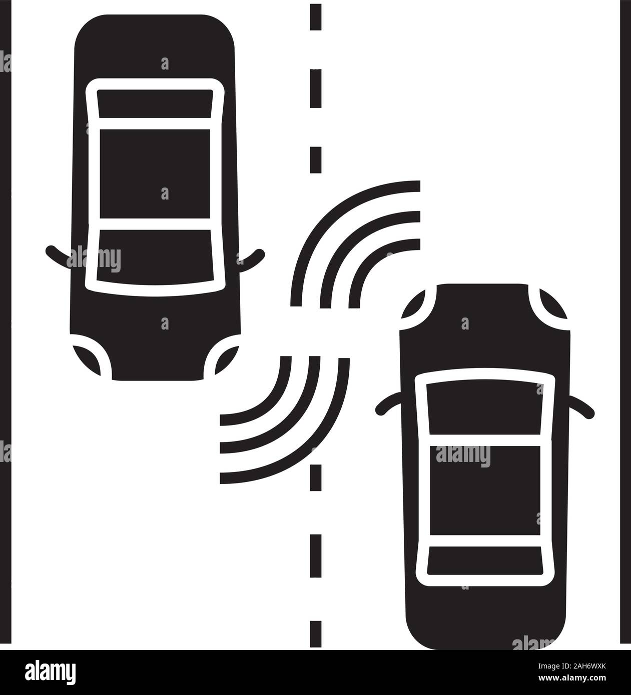 Autonome Autos auf der Straße glyph Icon. Fahrerlose auto Radar Sensor zur Erfassung von anderen Fahrzeugen. Selbstfahrer Automobile. Intelligente Fahrzeuge. Smart Auto. S Stock Vektor