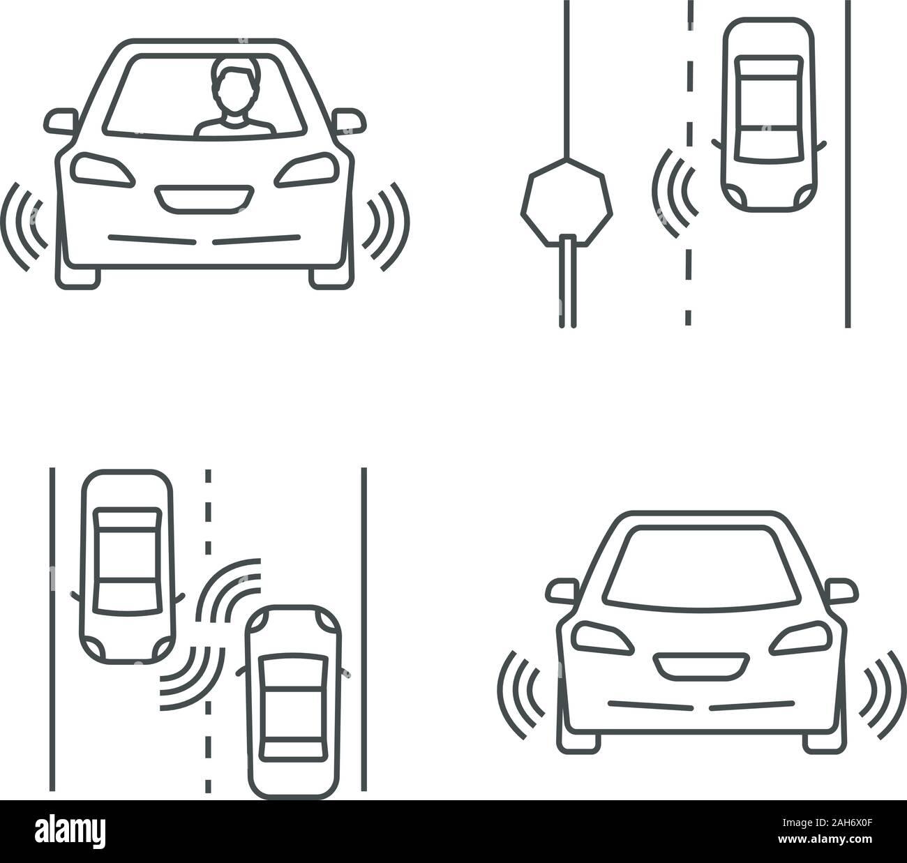 Autonome Auto lineare Symbole gesetzt. Sensoren, Selbstfahrer automatische Erkennung von Verkehrszeichen und andere Fahrzeuge. Thin Line Kontur Symbole. Isolierte Vektor outlin Stock Vektor