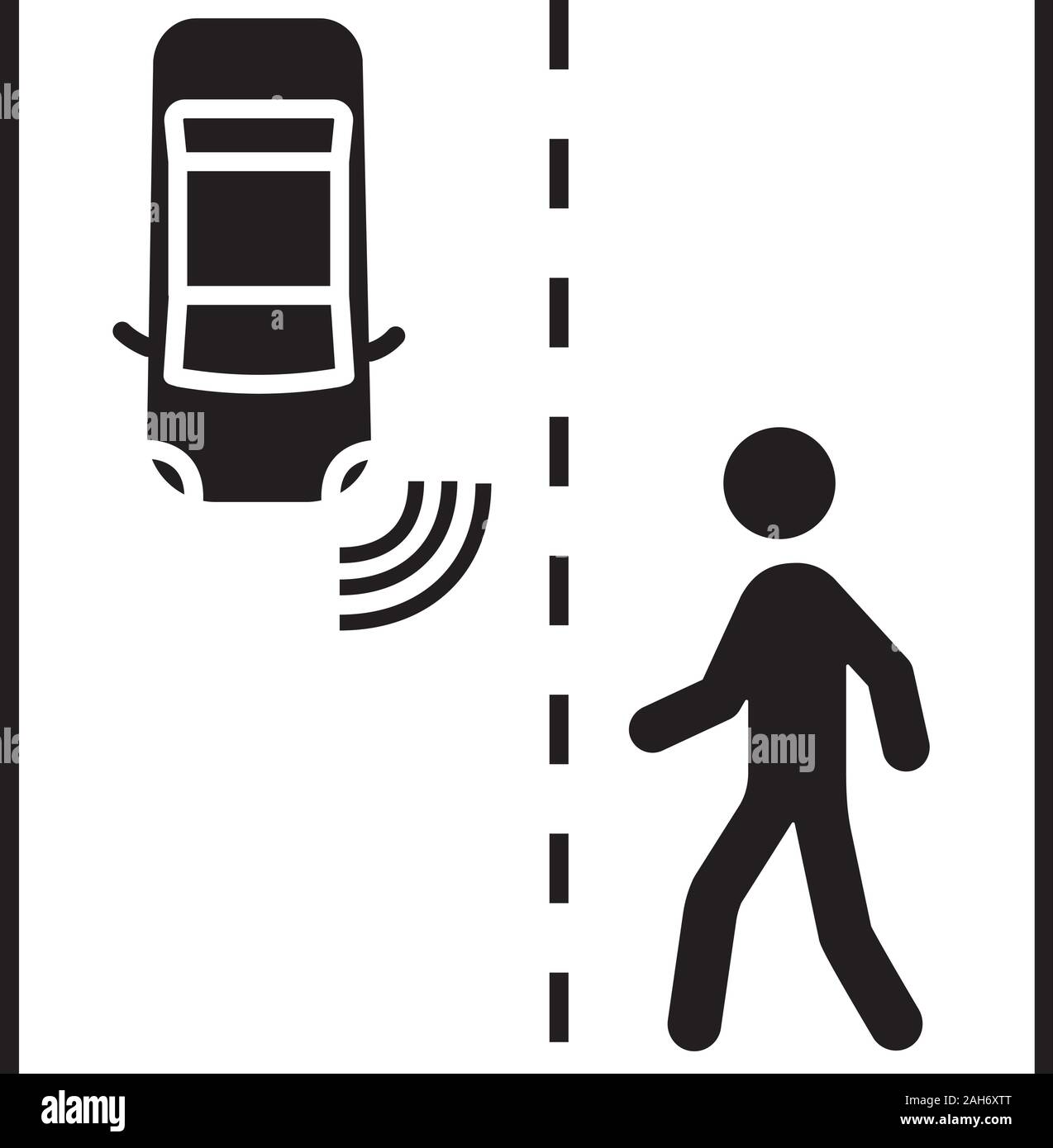 Autonome Auto erkennen Fußgänger glyph Icon. Fahrerlose Auto auf der Straße. Selbstfahrer auto Tracking Objekte Position mit Videokamera. Sil Stock Vektor
