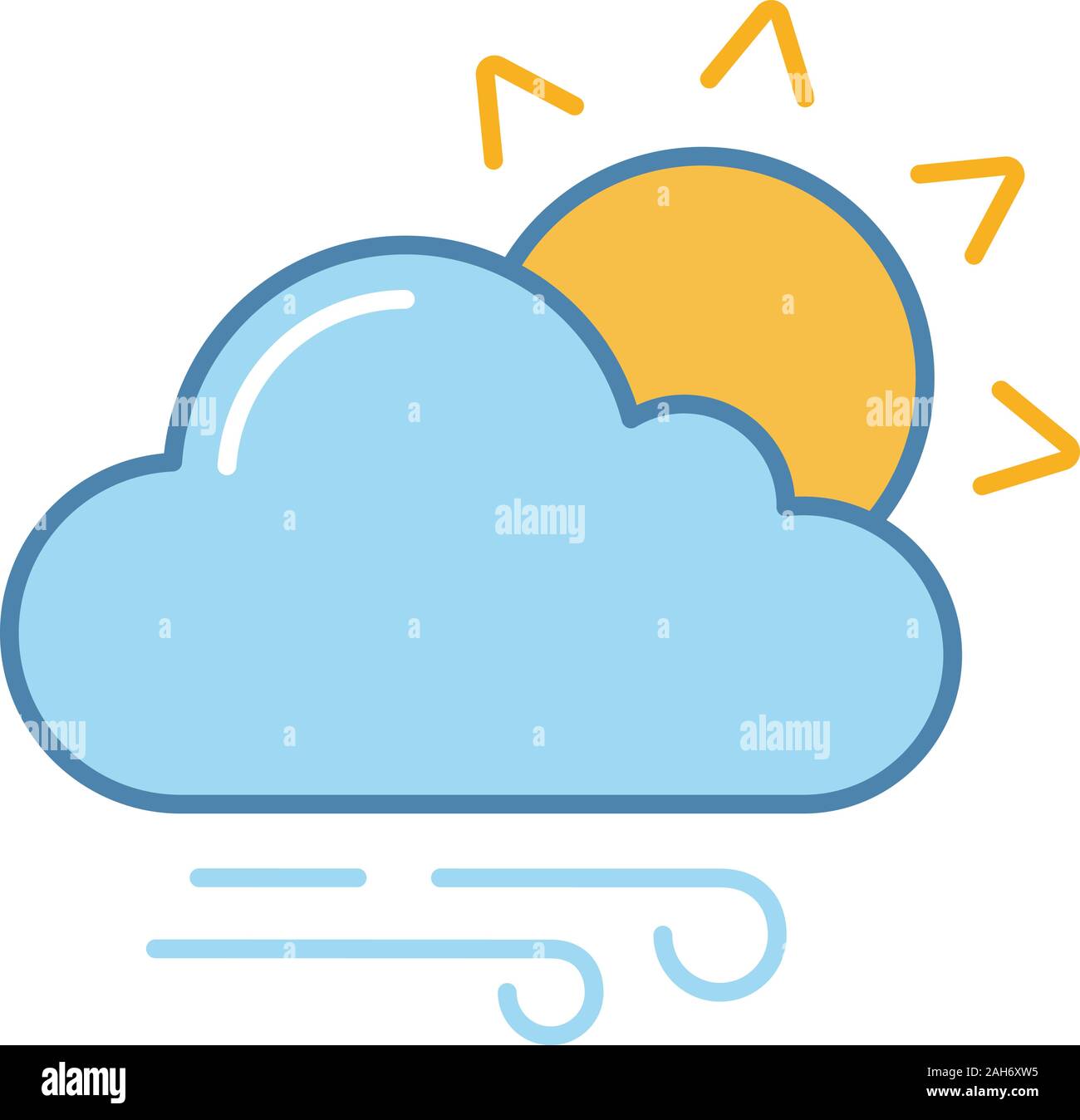 Leicht bewölkt und windig Farbe Symbol. Sonne mit Wolken und Regen. Überwiegend bewölkt. Wettervorhersage. Isolierte Vector Illustration Stock Vektor