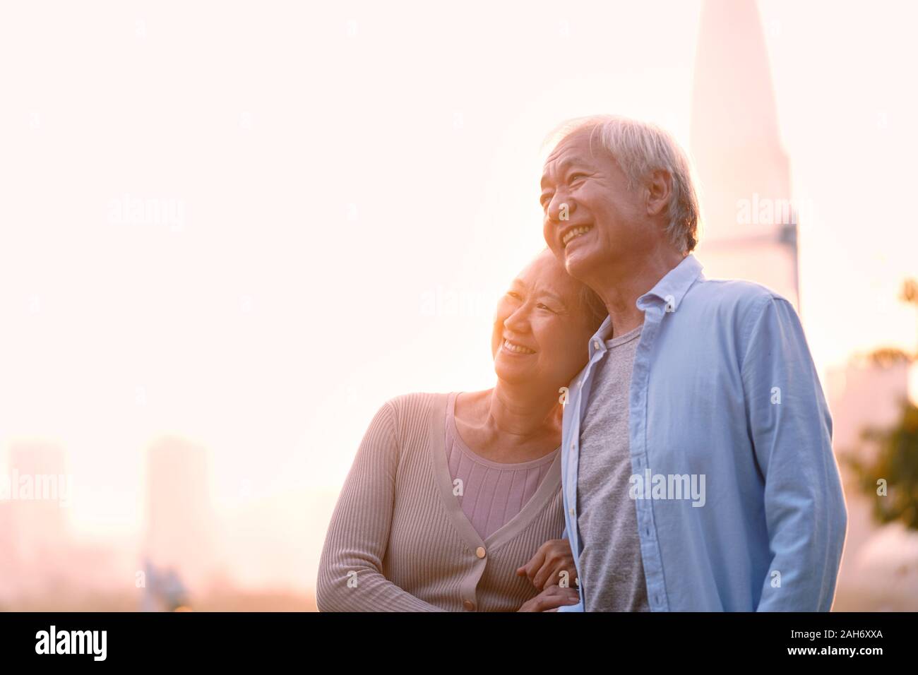 Outdoor Portrait von liebevollen älteren asiatischen Paar, glücklich und lächelnd Stockfoto