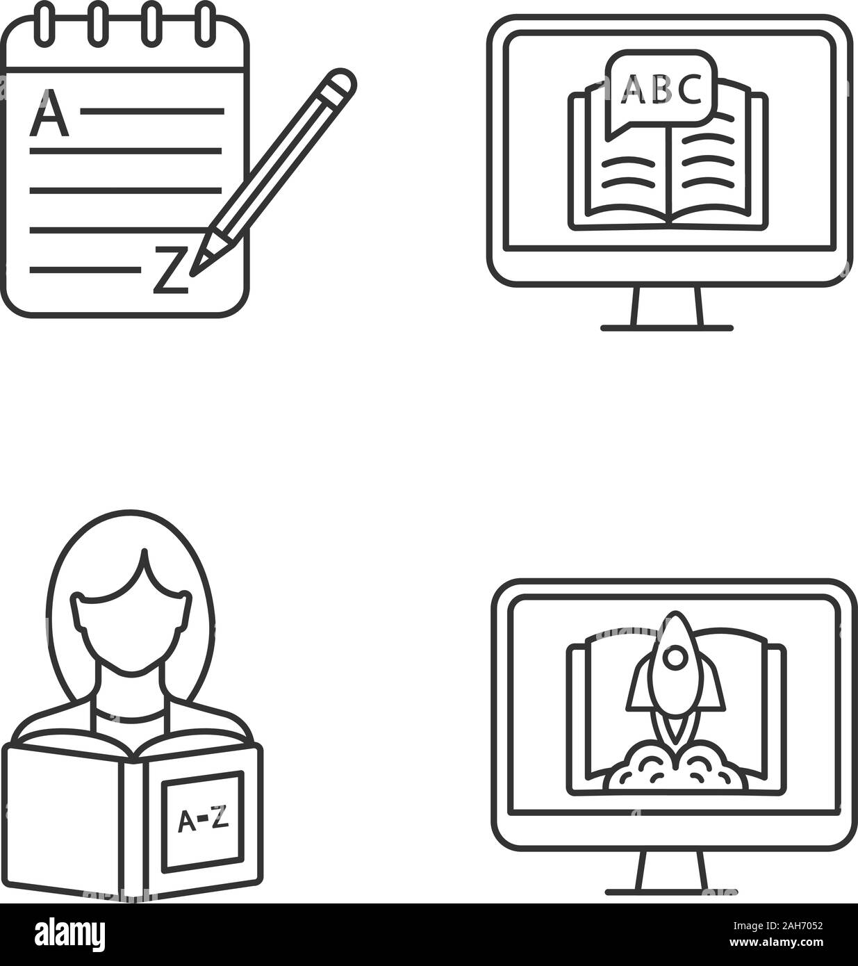 Fremdsprache lernen lineare Symbole gesetzt. Grammatik, e-Learning, lesen, lernen beginnen. Thin Line Kontur Symbole. Isolierte vektor Kontur il Stock Vektor