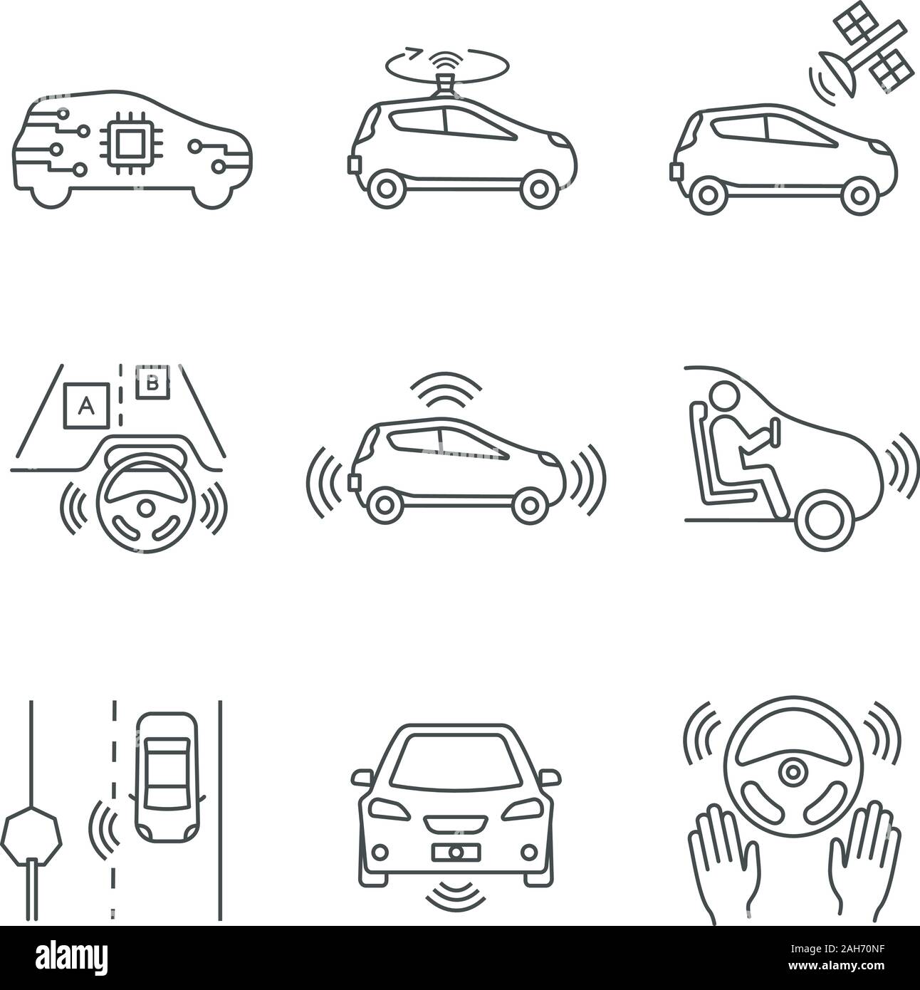 Autonome Auto lineare Symbole gesetzt. Selbstfahrer Automobil, LIDAR, Bediensatelliten. Sensoren erkennen Verkehrszeichen, andere Fahrzeuge, Fußgänger. Isolieren Stock Vektor