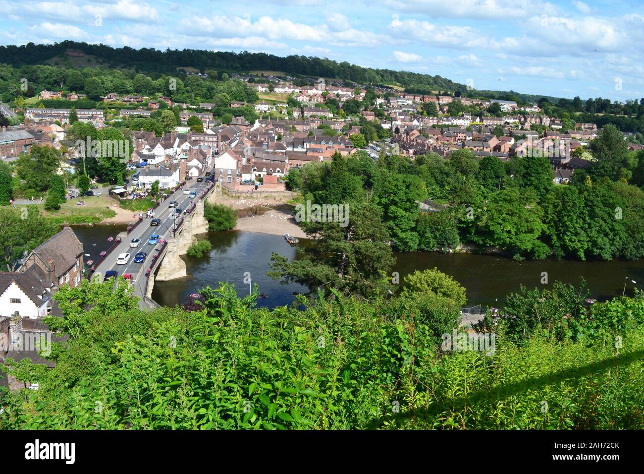 Blick auf den Severn Valley und Bridgnorth Niedrig, von der Klippe neben Bridgnorth Cliff Railway, Bridgnorth, Shropshire, Großbritannien Stockfoto
