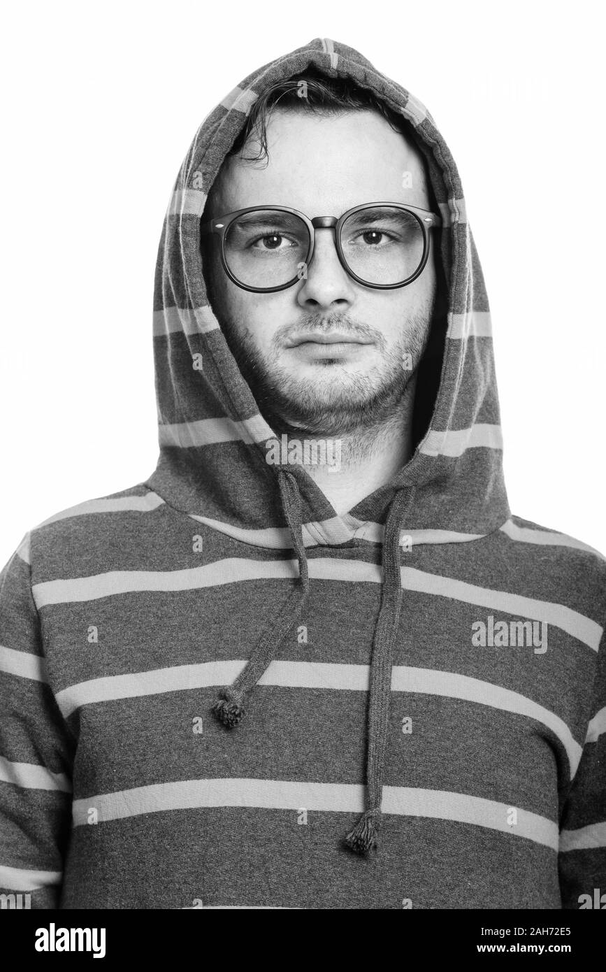Gesicht der jungen Mann mit Kapuze in Schwarz und Weiß Stockfoto