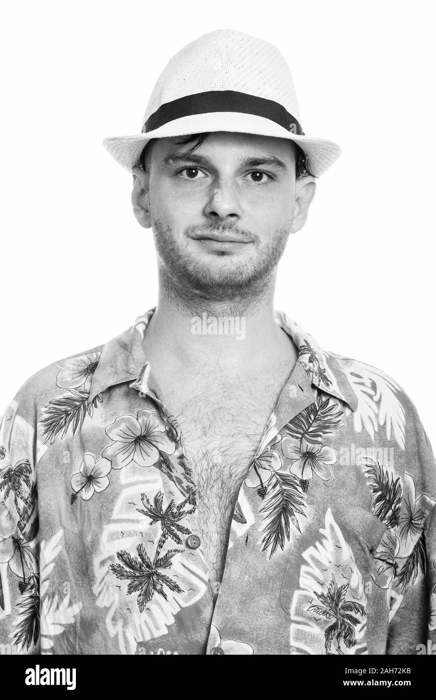 Gesicht der jungen Mann mit Hawaiian Shirt Stockfoto