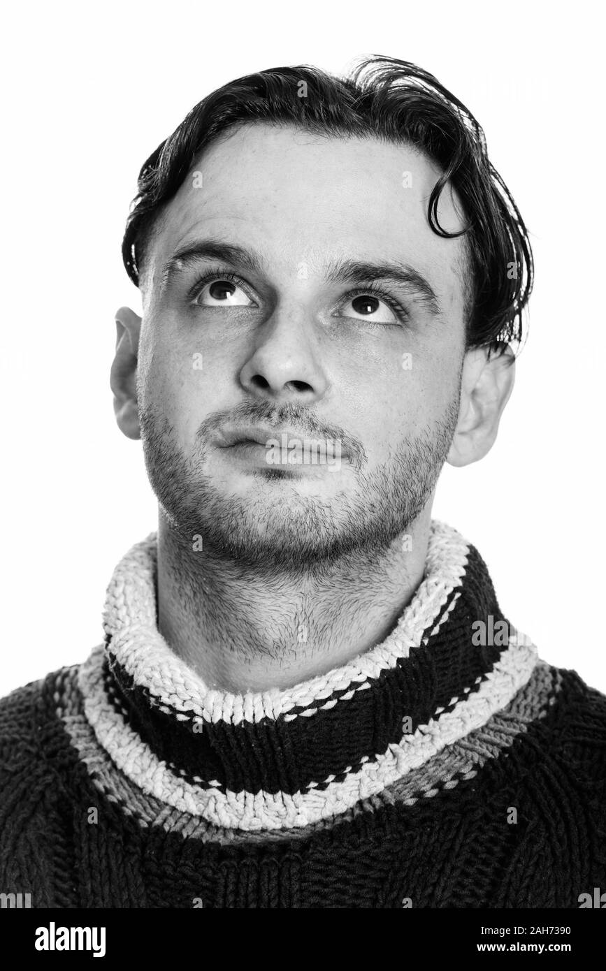 Gesicht des jungen Mannes zu denken, während die Suche nach Stockfoto