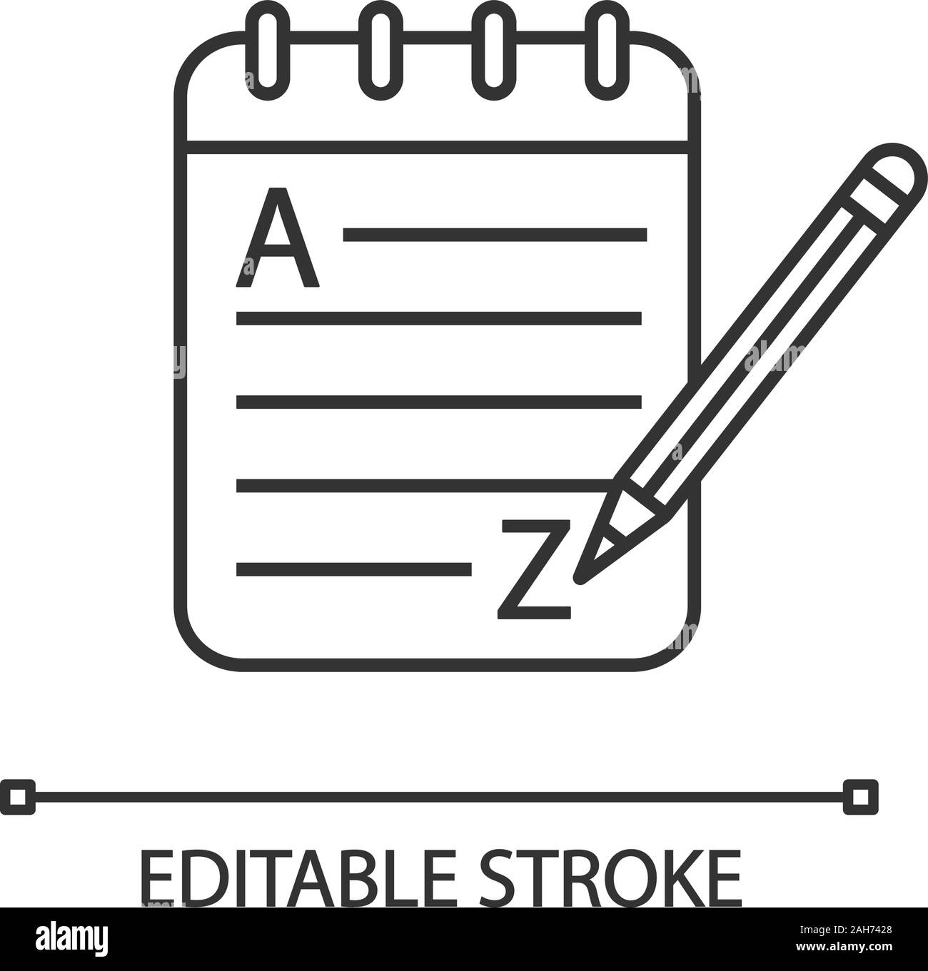 Grammatik und Schreiben lineare Symbol. Grundlegende Sprachkenntnisse. Dünne Linie Abbildung. Fremdsprache lernen. Die, die sich Notizen machen. Notizblock mit Bleistift. Kontur Stock Vektor