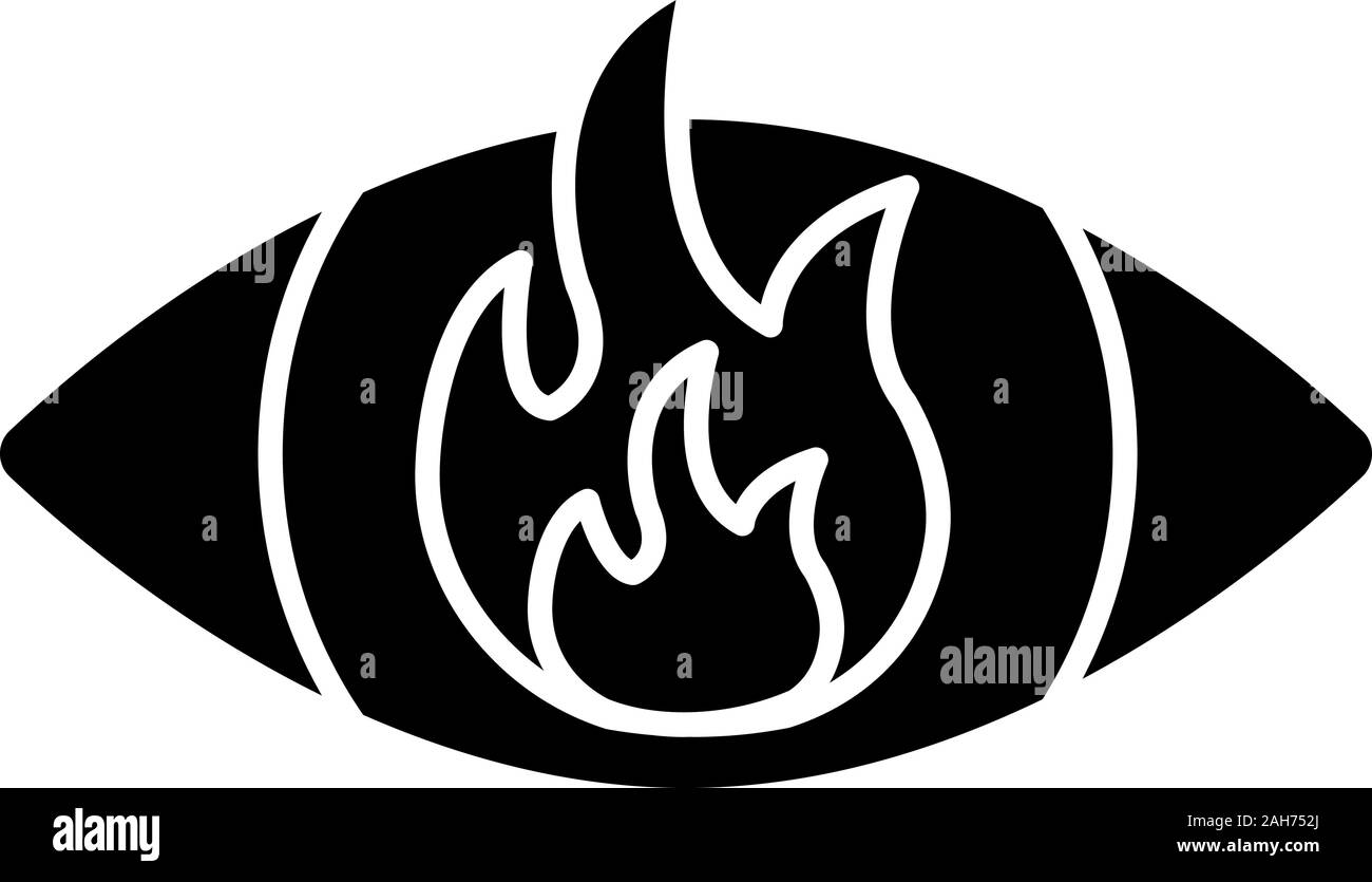 Zorn glyph Icon. Feuer im Auge. Verärgerte Person. Aggression. Brennen von Iris. Silhouette Symbol. Negativer Platz. Vektor isoliert Abbildung Stock Vektor