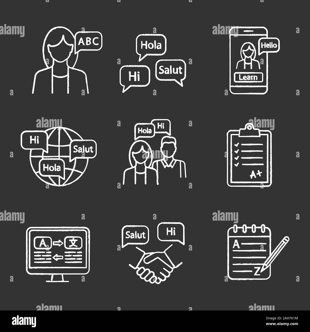 Fremdsprache lernen Chalk Symbole gesetzt. Lehrer, Sprachkurse, App, Praxis, Prüfung, Übersetzung, Business Communication, Grammatik. Isola Stock Vektor