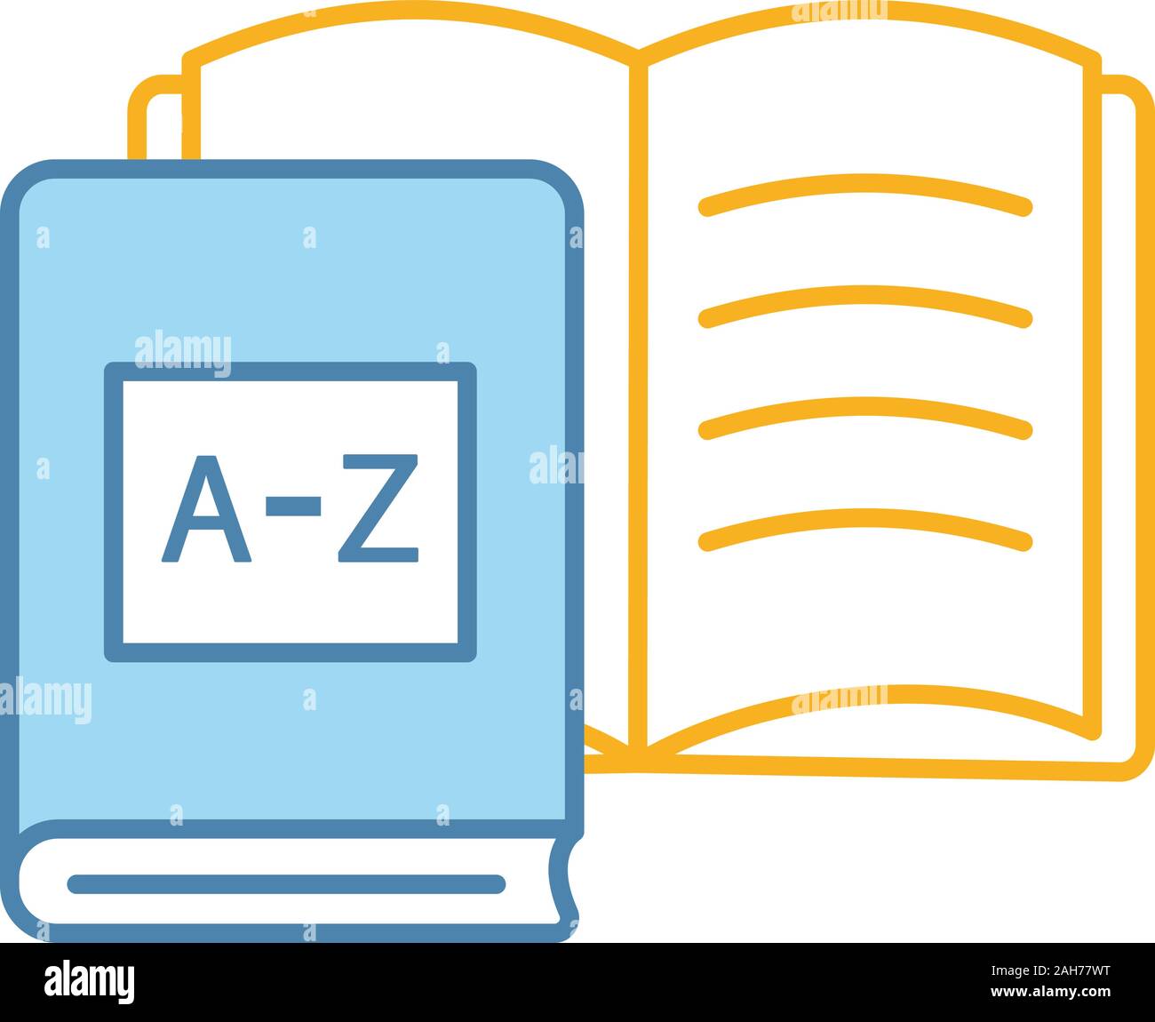 Fremdsprache lernen Bücher Farbe Symbol. Sprache Lektion. Das Arbeitsbuch für die Kursteilnehmer. Pädagogische Materialien und eine Bibliothek. Isolierte Vector Illustration Stock Vektor