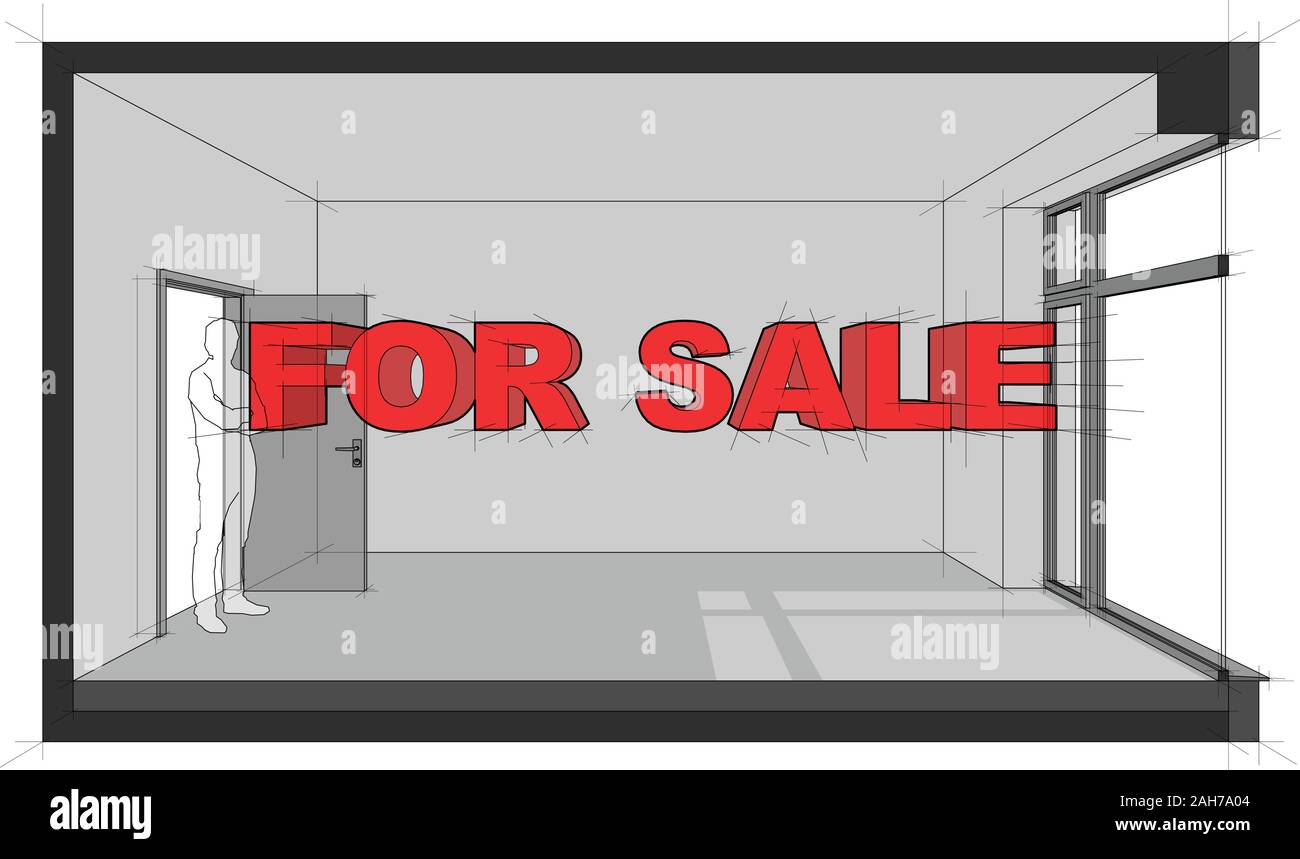 Diagramm eines leeren Zimmer mit Tür und große Fenster und einen Text für Verkauf Stock Vektor