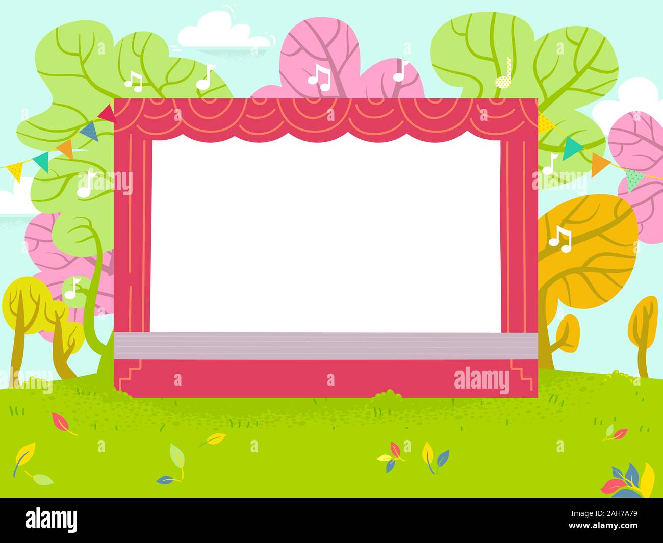 Hintergrund Abbildung von Outdoor und leere Bühne mit abstrakten Bäume hinter, einige Noten und Pennant Flags Stockfoto