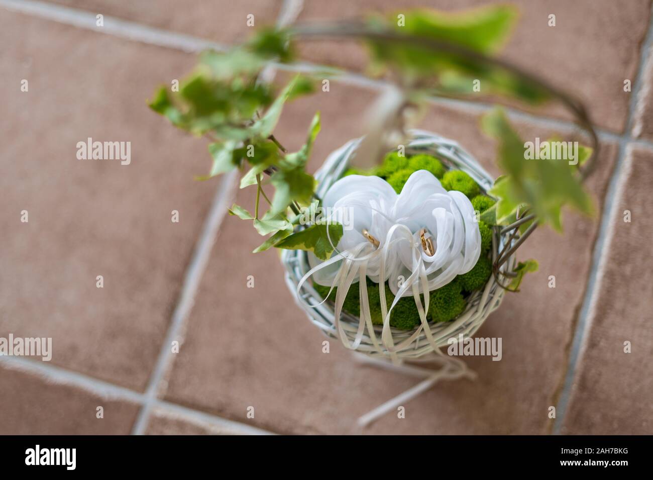 Zwei goldene Eheringe werden auf einem weißen Kissen gehalten Innen ein Korbkorb mit Efeu verziert Stockfoto