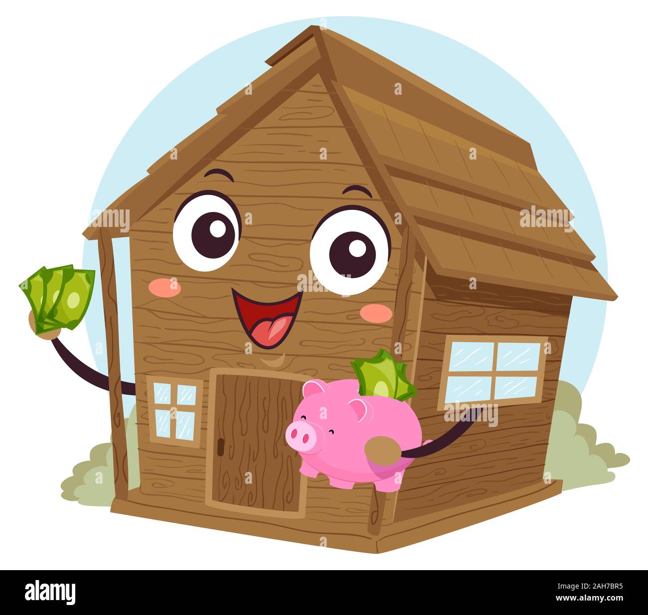 Abbildung: eine Kabine Maskottchen Holding ein Sparschwein mit Geld für das Speichern Stockfoto