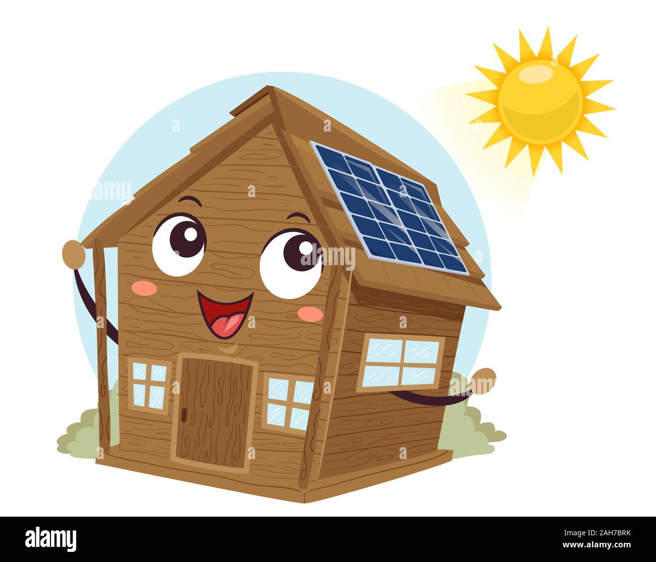 Abbildung einer Holzhütte mit Sonnenkollektoren auf dem Dach Stockfoto