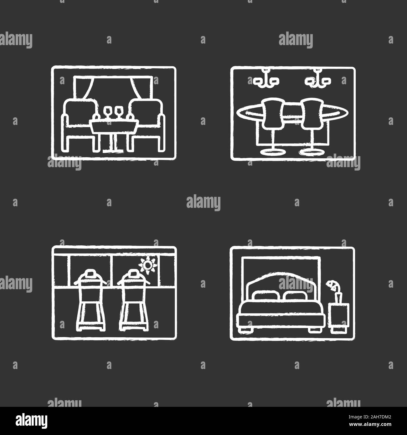 Kreuzfahrtschiff Einrichtungen chalk Symbole gesetzt. Restaurant, Casino, Fitnessraum, Schlafzimmer. Isolierte vektor Tafel Abbildungen Stock Vektor