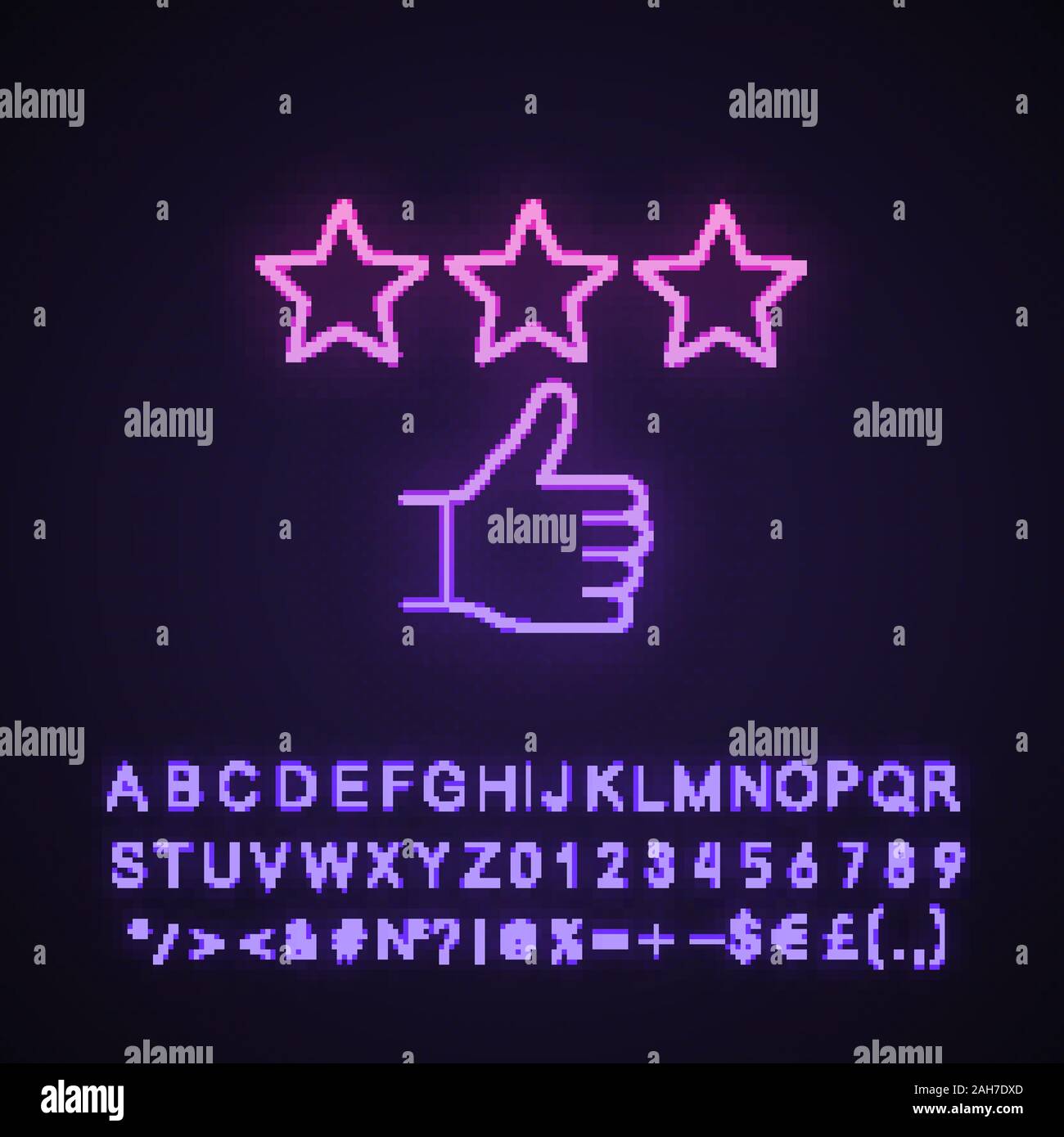 Bewertung Neonlicht Symbol. Kunden ausgezeichnet. Positives Feedback. Ranking. Die Zufriedenheit unserer Kunden. Sterne und Daumen nach oben Geste. Leuchtende Zeichen mit Alp Stock Vektor