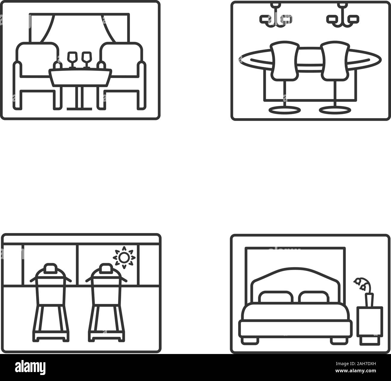 Kreuzfahrtschiff Einrichtungen lineare Symbole gesetzt. Restaurant, Casino, Fitnessraum, Schlafzimmer. Thin Line Kontur Symbole. Isolierte vektor Kontur Illustrationen. Bearbeitbar Stock Vektor