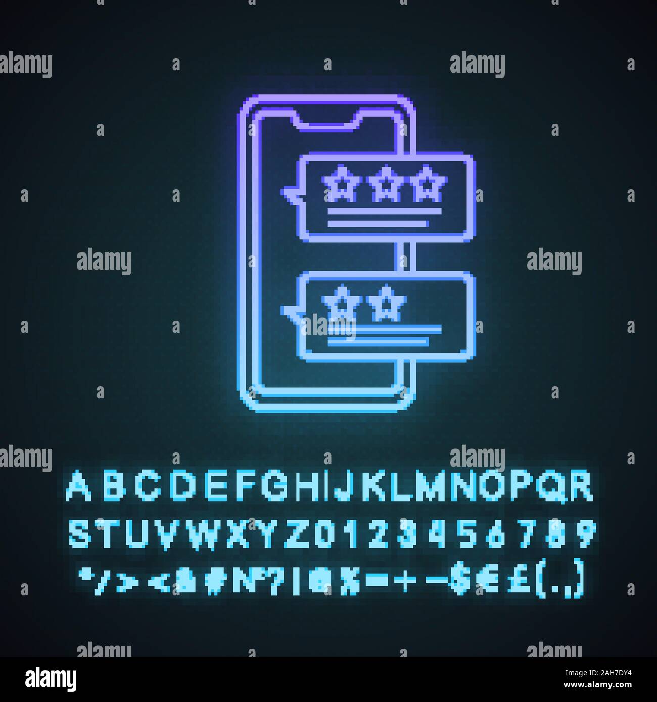 Bewertung Bewertung Neonlicht Symbol. Kunden Rückmeldungen. Service Kundenzufriedenheit. Smartphone App. Leuchtende Zeichen mit Buchstaben, Zahlen und Symbole Stock Vektor