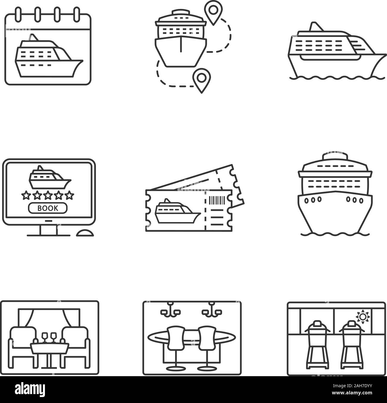 Kreuzfahrt lineare Symbole gesetzt. Sommer Voyage. Kreuzfahrtschiffe, Reise Routen, Laufbänder, Exkursion Tickets online buchen. Thin Line Kontur Symbole. Isoliert Stock Vektor