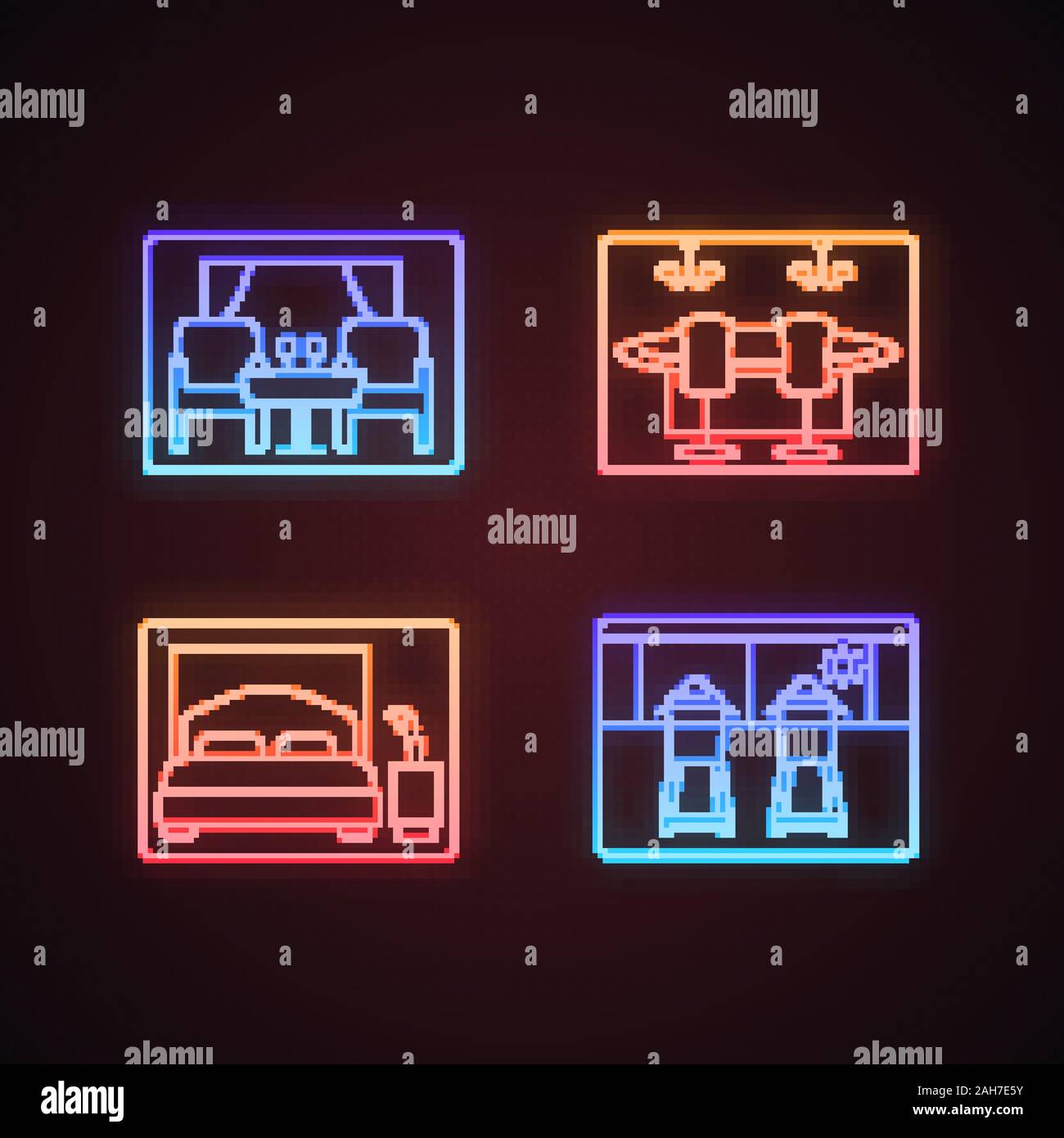 Kreuzfahrtschiff Einrichtungen Neon Licht Symbole gesetzt. Restaurant, Casino, Fitnessraum, Schlafzimmer. Leuchtende Zeichen. Vektor isoliert Abbildungen Stock Vektor