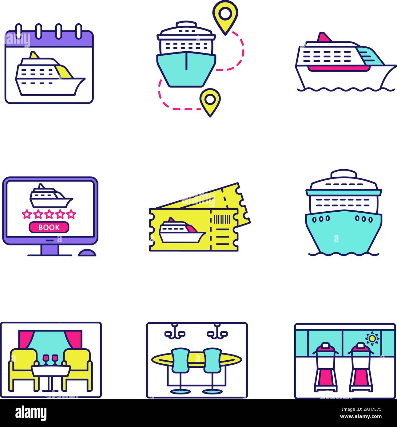 Kreuzfahrt farbige Symbole gesetzt. Sommer Voyage. Abfahrt datum, Schiffe, Reise Routen, Casino, Laufbänder, Ausflug, Restaurant, Tickets online buchen. Ich Stock Vektor
