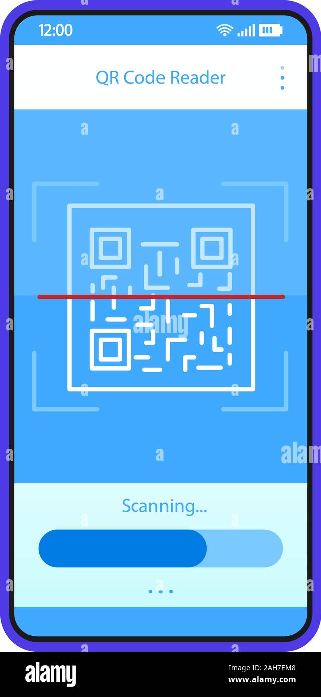 QR-Code scannen App interface Vektor Vorlage. Mobile App interface blau design Layout. 2D Code Reader smartphone. Flache UI. Telefon Display mit Matrix Stock Vektor