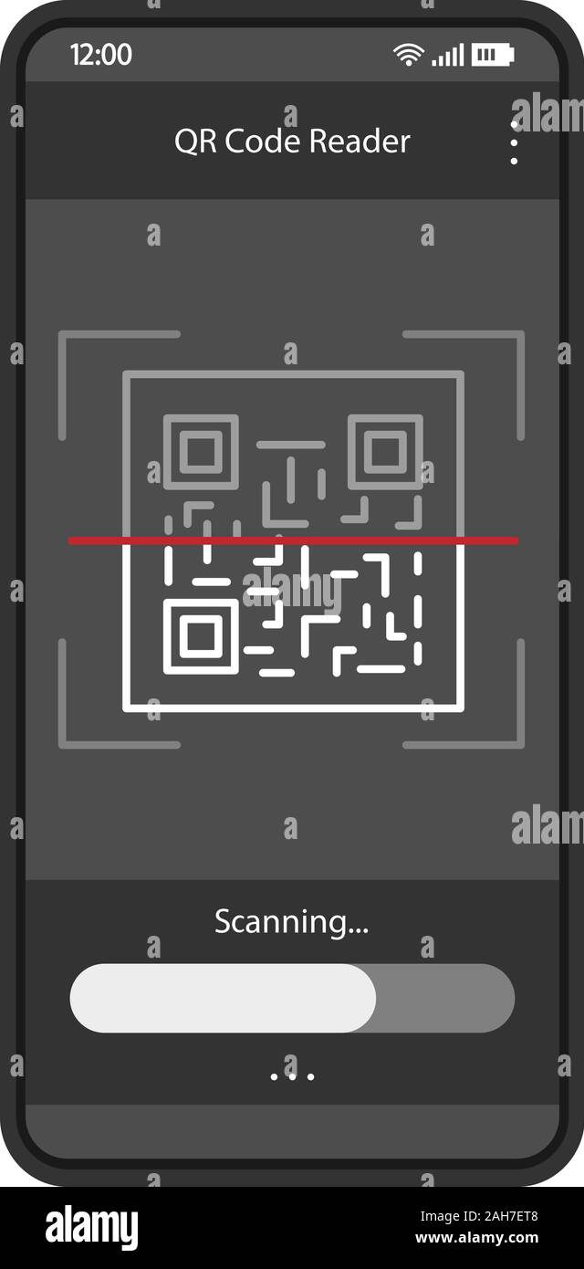 QR-Code scannen App interface Vektor Vorlage. Mobile App Interface Design in Schwarz Layout. 2D Code Reader smartphone. Flache UI. Telefon Display mit matri Stock Vektor
