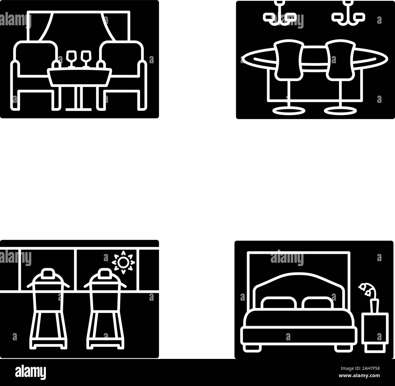 Kreuzfahrtschiff Einrichtungen Glyphe Symbole gesetzt. Restaurant, Casino, Fitnessraum, Schlafzimmer. Silhouette Symbole. Vektor isoliert Abbildung Stock Vektor