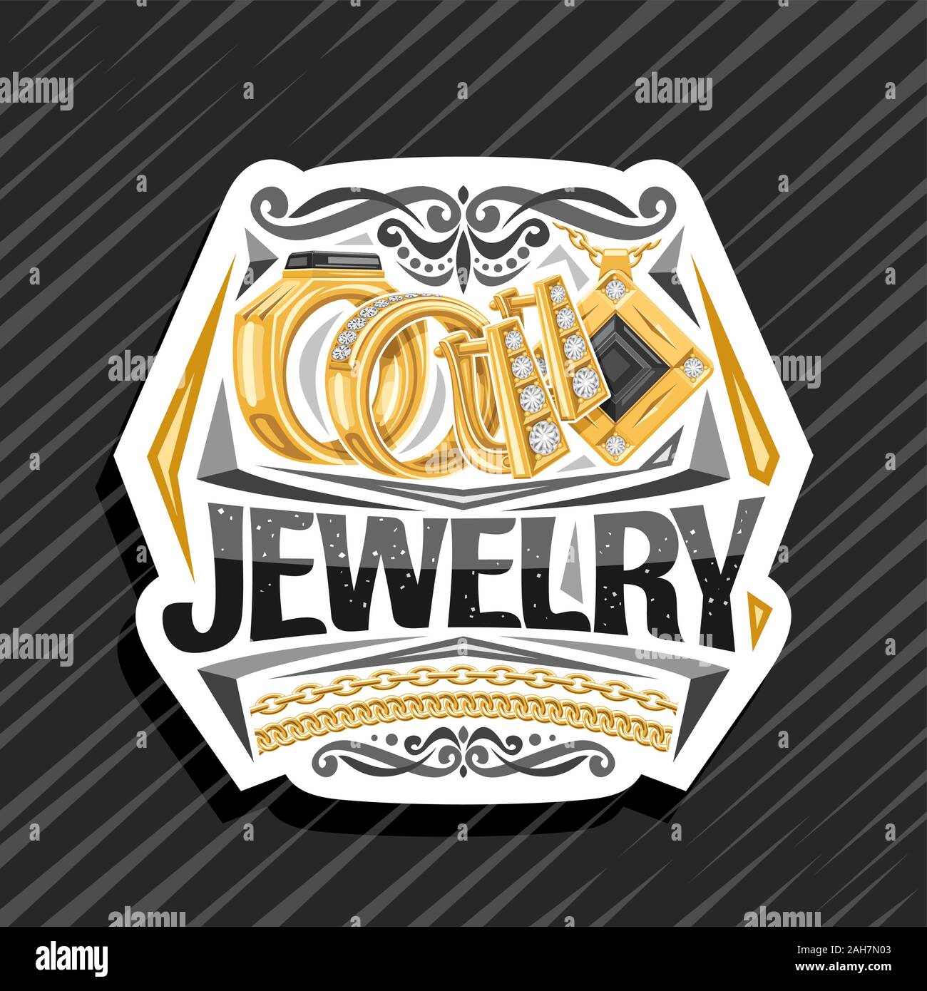 Vektor logo für Schmuck, dekoratives Papier schneiden Abzeichen mit der Abbildung der goldene Ringe, Ohrringe mit Englisch- und Gold Anhänger mit schwarzem Vorg Stock Vektor
