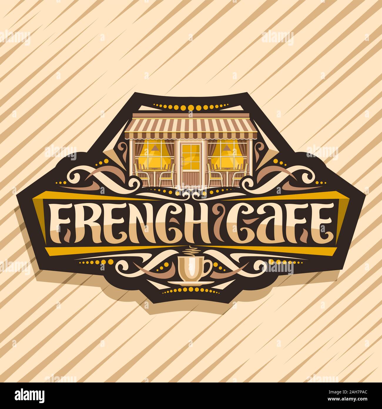 Vektor logo für französische Café, dunkle Abzeichen mit Abbildung der Fassade Sommer Restaurant, original Schriftzug für Wörter französisch Cafe, Schild für Bistro Stock Vektor