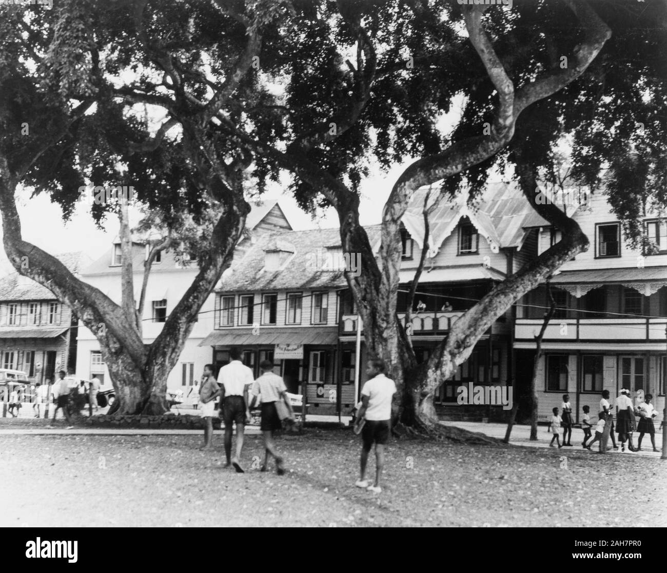 St Lucia, Schüler ein Stadtplatz in der Altstadt von Castries Kreuz, gesäumt von Gebäuden im Kolonialstil. Castries, St. Lucia, 1965. Bildunterschrift lautet "TEIL DER ALTEN Castries, die Hauptstadt von St. Lucia, 1965. 2005/010/1/13/35. Stockfoto