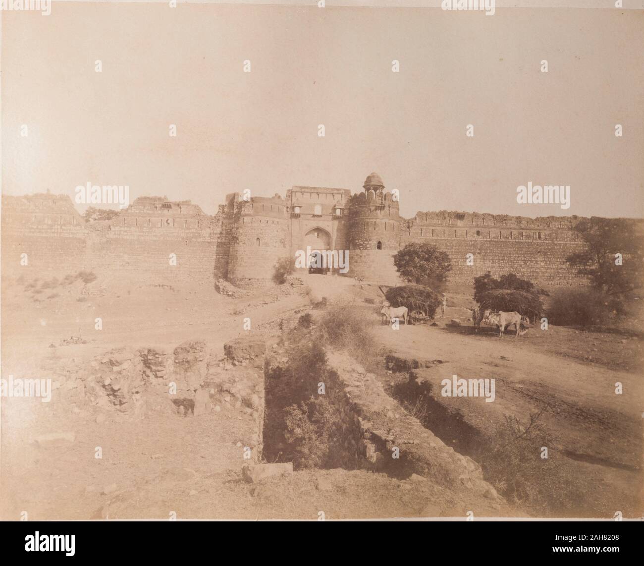 Indien, Vieh-gezogenen Karren beladen mit Heu stand außerhalb des verfallenen Mauern in einem alten Teil der Stadt. Originalmanuskript Bildunterschrift: Teil von Old Delhi, circa 1890. 2003/071/1/1/2/58. Stockfoto
