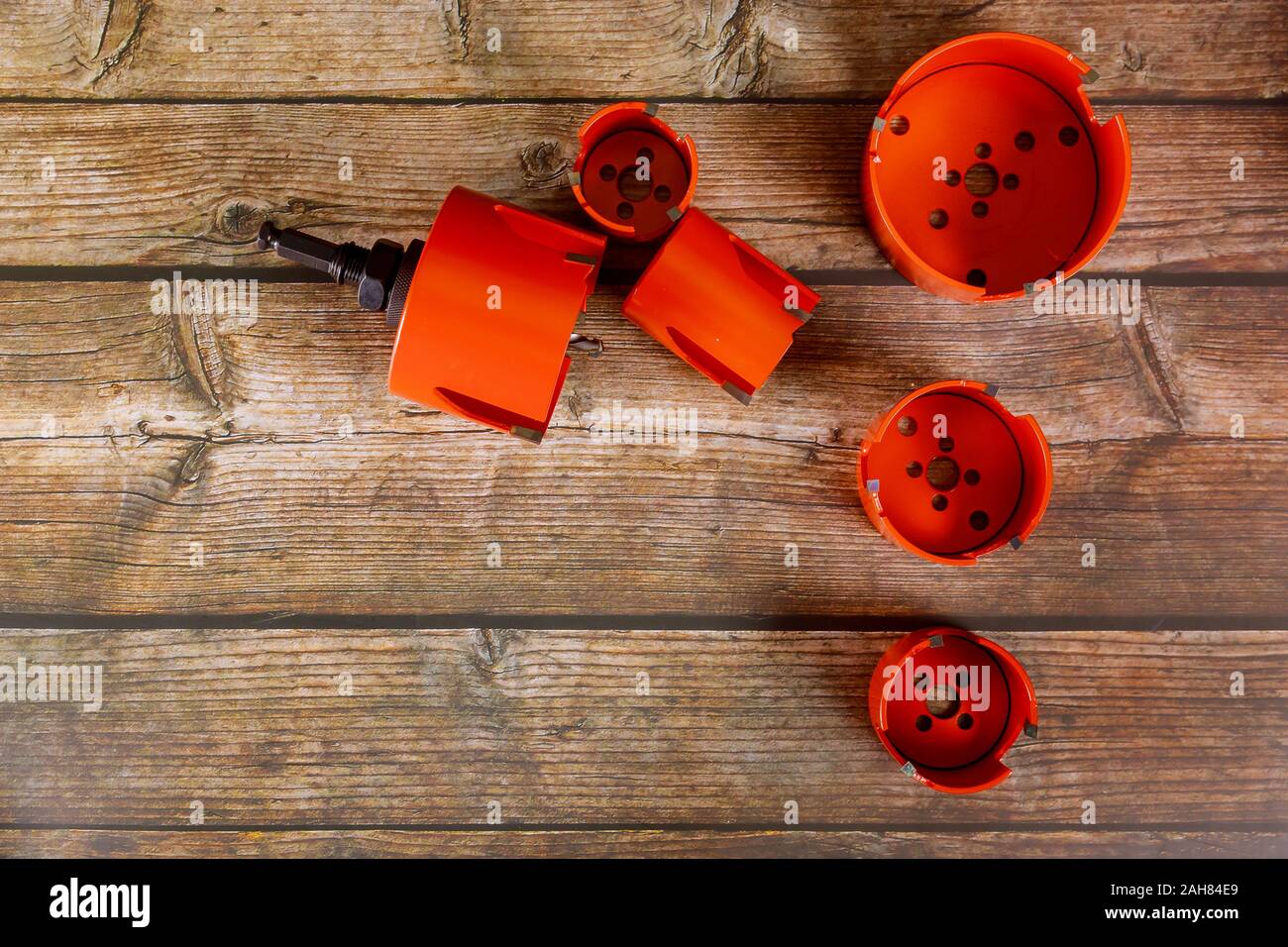 Loch, Werkzeuge ein Bündel Bohrer auf bohrkern Bohrer für Holz Stockfoto