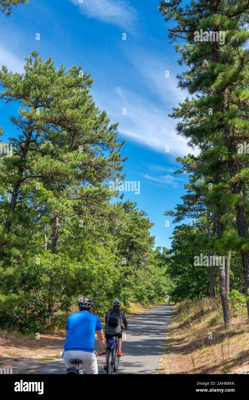 Radfahrer auf der Cape Code Rail Trail, ein Fahrrad Route durch Nickerson State Park, Cape Cod, Massachusetts, USA, Stockfoto