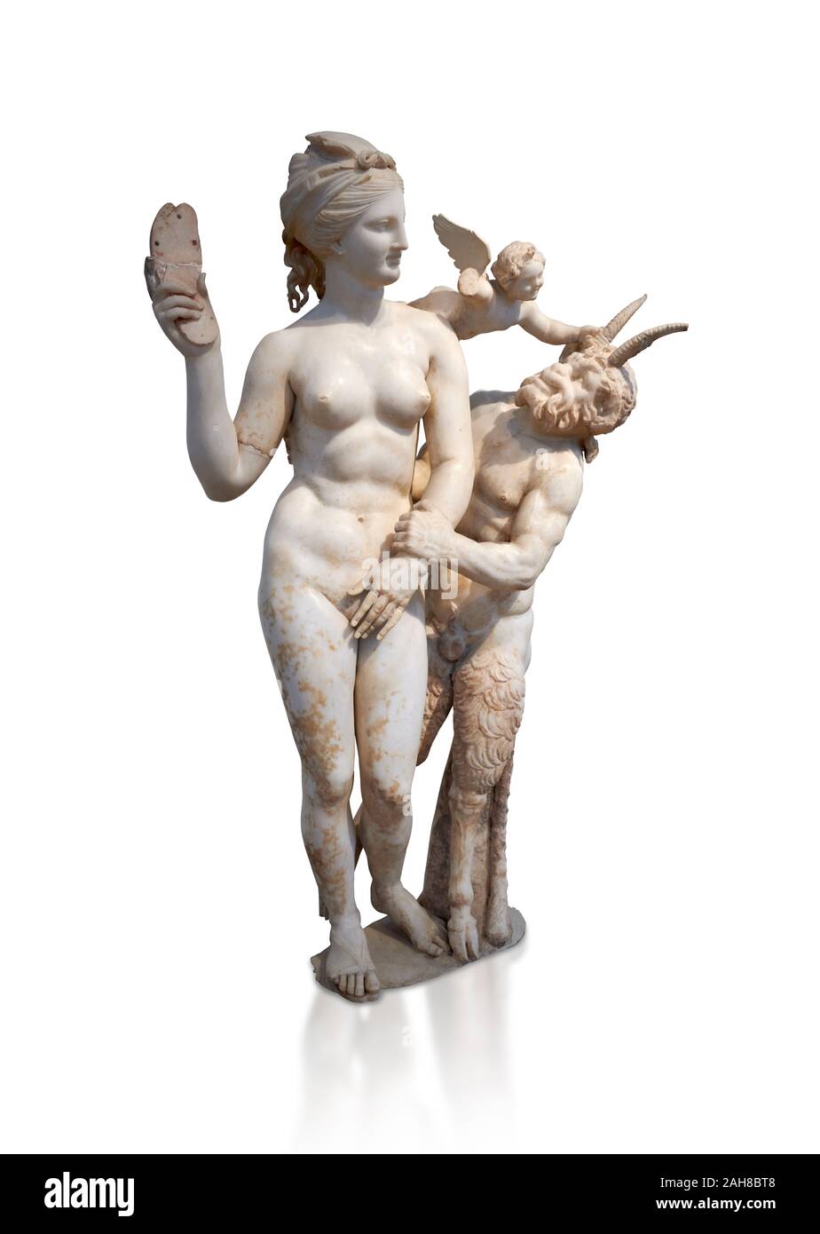 Hellenstic Marmorstatue Gruppe der Aphrodite (Venus) mit Pan und Eros, ca. 100 v. Chr., Haus der Poseidonaistai von Beryttos, Delos, Athen nationalen Archa Stockfoto