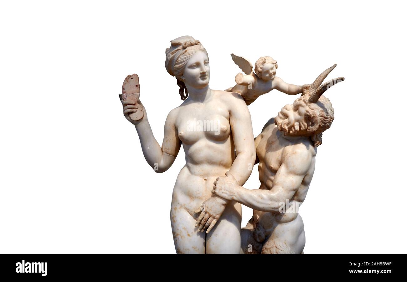 Hellenstic Marmorstatue Gruppe der Aphrodite (Venus) mit Pan und Eros, ca. 100 v. Chr., Haus der Poseidonaistai von Beryttos, Delos, Athen nationalen Archa Stockfoto