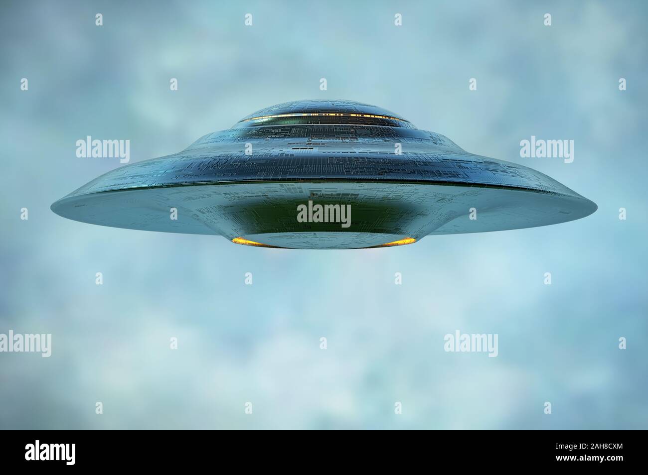 Unbekanntes Flugobjekt - UFO. Science Fiction Bild Konzept der Ufologie und das Leben des Planeten Erde. Beschneidungspfad enthalten. Stockfoto