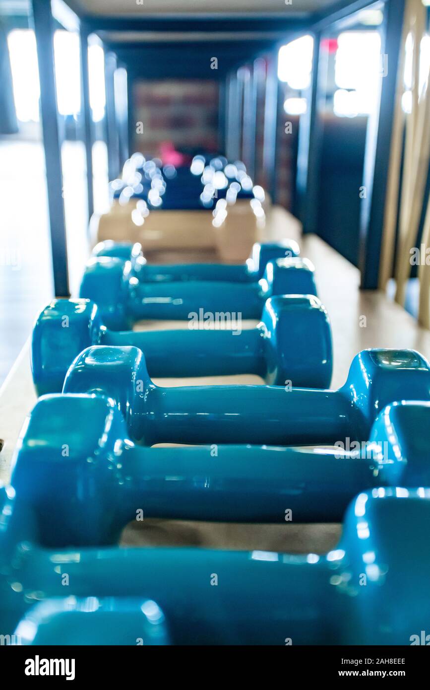 Hellblau Hanteln liegen auf dem Schelf der Fitnessraum Stockfoto