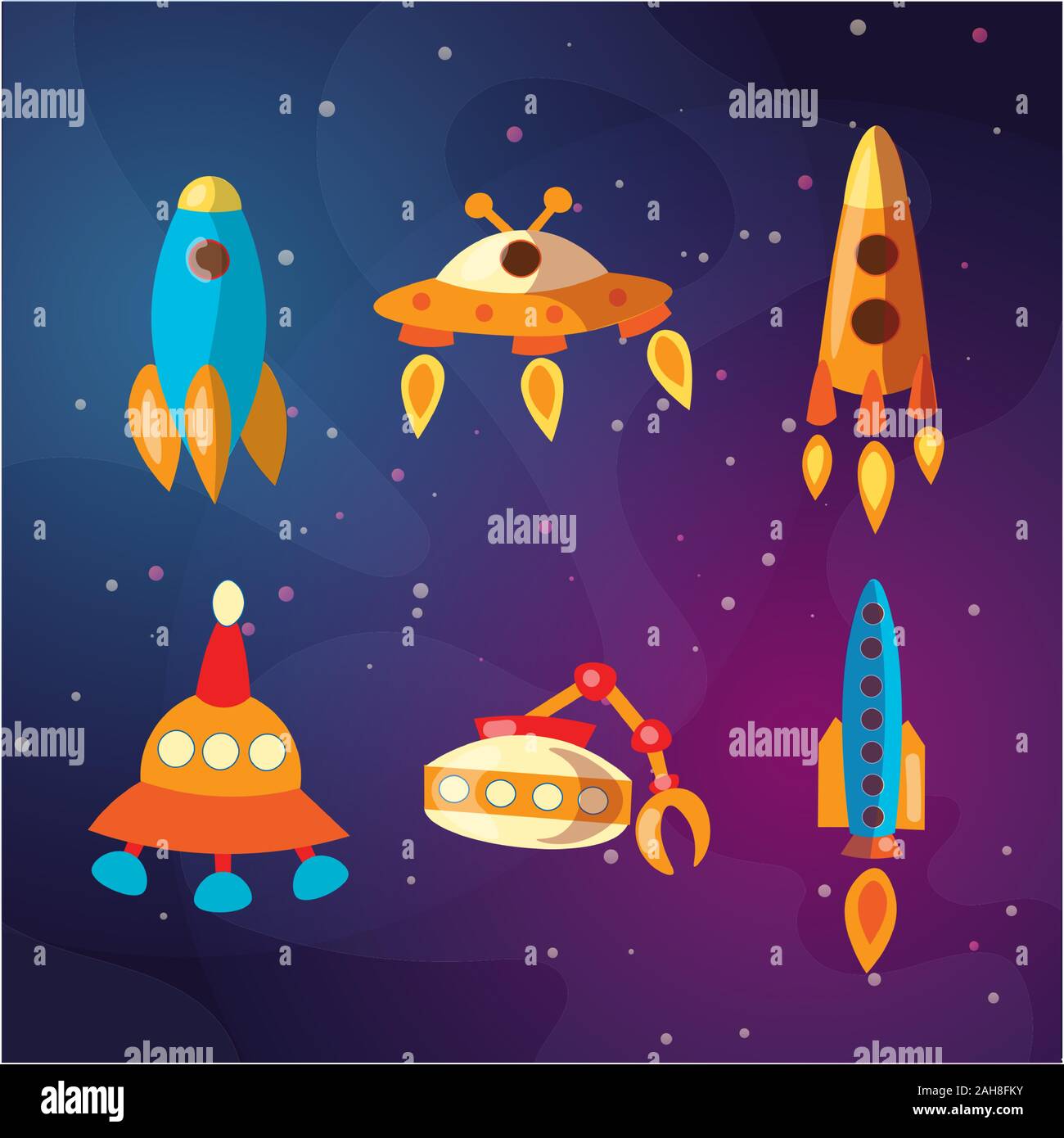 Cute cartoon Space Explorer, Astronomie Wissenschaft und UFO-Vektor einrichten. Lunar Rover, Raketen, Space Shuttle, Schafe und Aliens. Ausrüstung für die Raumfahrt, Raketen Stock Vektor