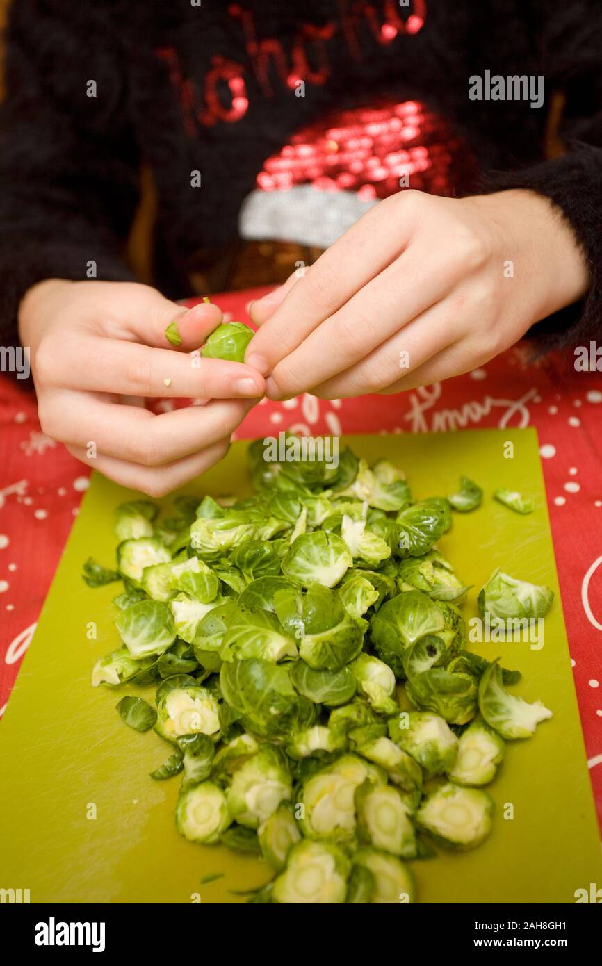 12 jährige Mädchen peeling Sprossen am Tisch, England Stockfoto