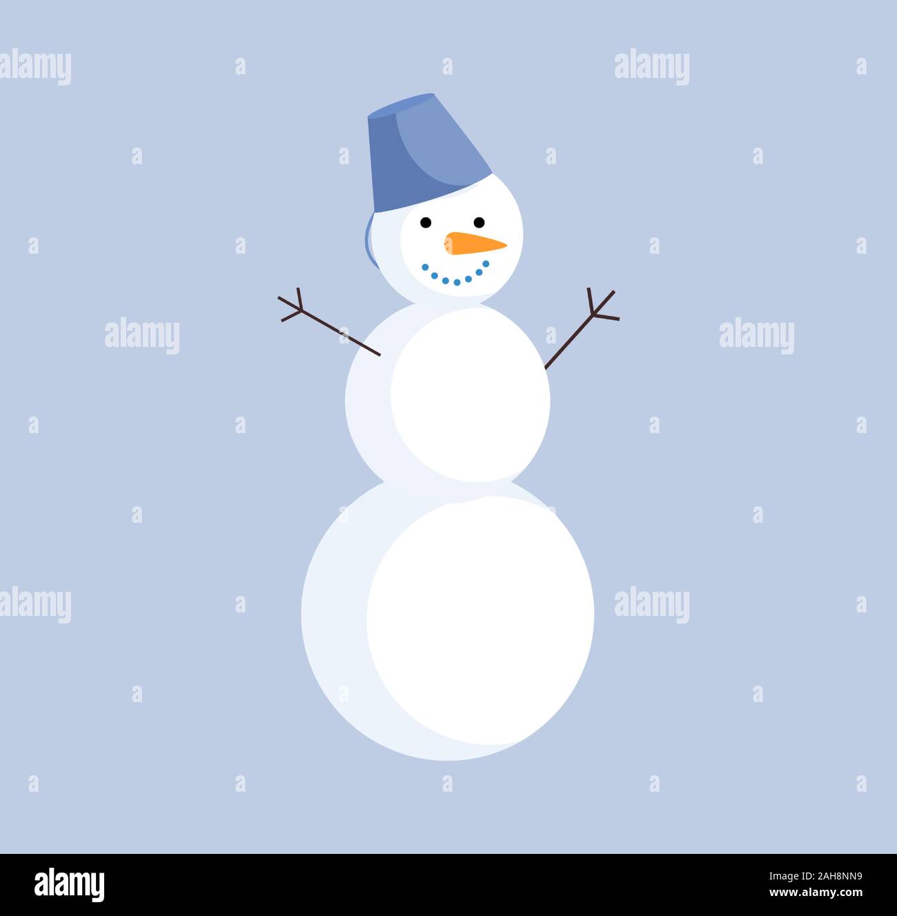 Süße Schneemann einfache flache Vector Illustration. Lustiger Schneemann mit Eimer und Karotte Symbol auf blauem Hintergrund isoliert. Weihnachten, Neujahr outdoor Dekoration, winter Farbe cartoon Symbol Stock Vektor