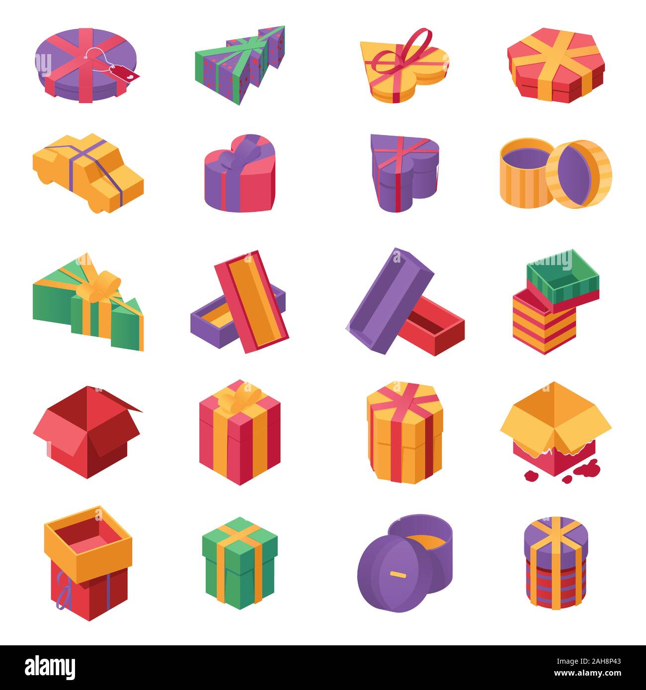 Geschenkboxen isometrische Vector Icons einstellen. Weihnachten und das neue Jahr festlich präsentiert, geburtstagsüberraschungen Pakete mit Schleifen und Bänder isoliert auf Weiss. Xmas gewickelt und offenen giftboxes Flachbild Sammlung Stock Vektor