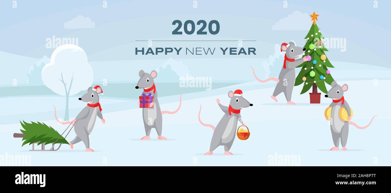 2020 Frohes Neues Jahr horizontale Banner. Cute Rats Vorbereitung für Urlaub, Dekoration Tannenbaum vektor Comicfiguren und blaue Inschrift. Festliche Grußkarte Winter, Poster flache Design vorlage Stock Vektor