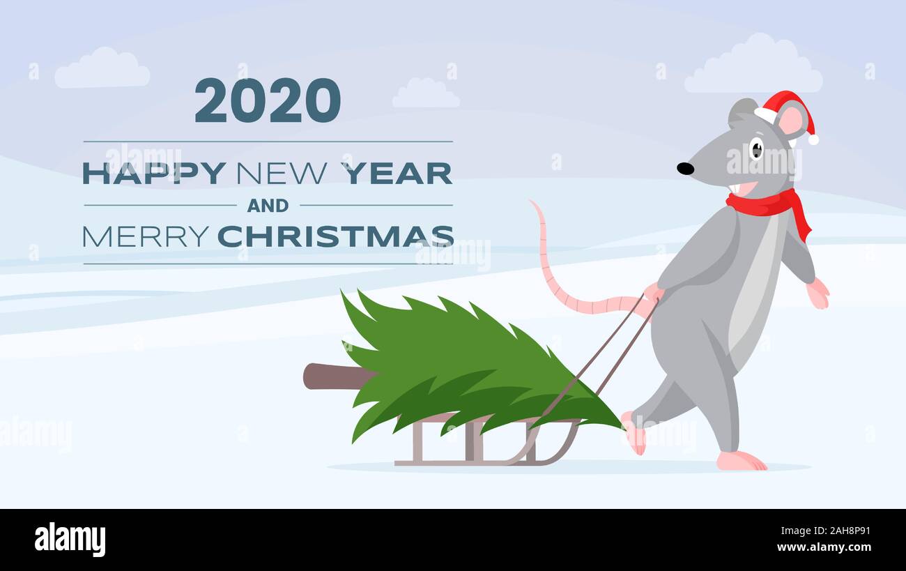 Frohe Weihnachten Grußkarte vektor Vorlage. Adorable Ratte Schlitten ziehen mit Tannenbaum, der Vorbereitung auf neue Jahr cartoon Charakter. Weihnachten festliche druckbare Banner, horizontale Poster kreative Gestaltung Stock Vektor